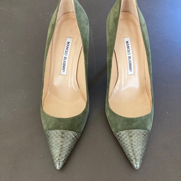 Manolo Blahnik Bipunta Leather Suede Olive Green Pumps Heels IOB EU 37.5 US 7 - Picture 14 of 16